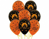 Шар латекс с рисунком 12"/Sp пастель Хеллоуин Ночь черный+оранж (50шт)