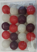 Гирлянда светодиодная Хлопковый шар 20 шаров розетка крас/бордо/молоч на прозр проводе
