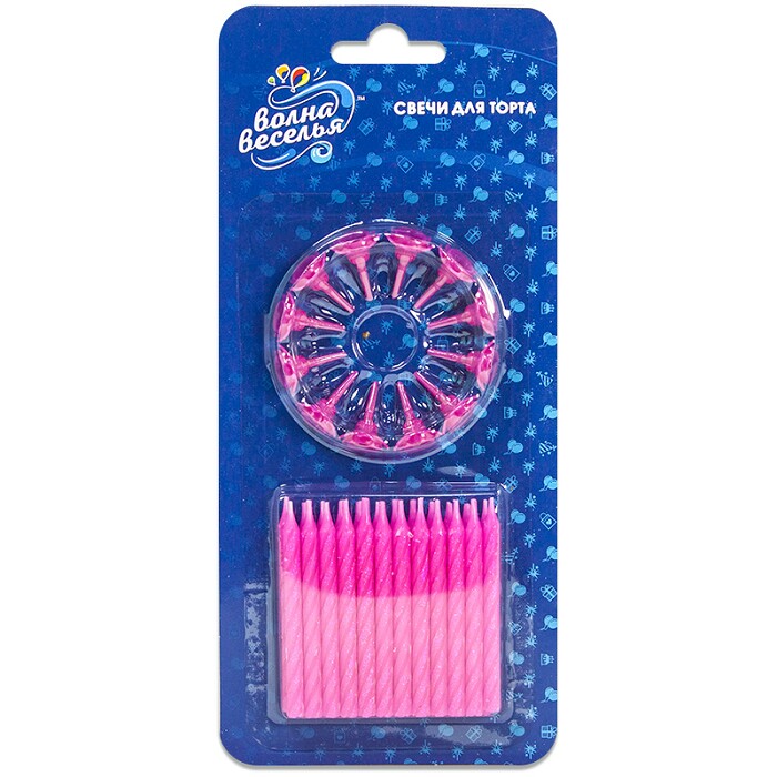 Свечи для торта воск, 6 см, 24 шт., с держателями Сверкающий глиттер, розовые