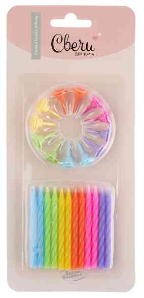 Свечи для торта 6 см, воск, 24 шт., с держателями Радужный микс