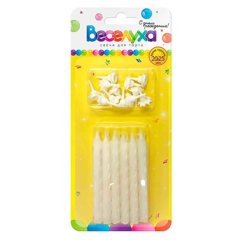 Свеча для торта с держателем Гигант витая Белые 8см (уп12)