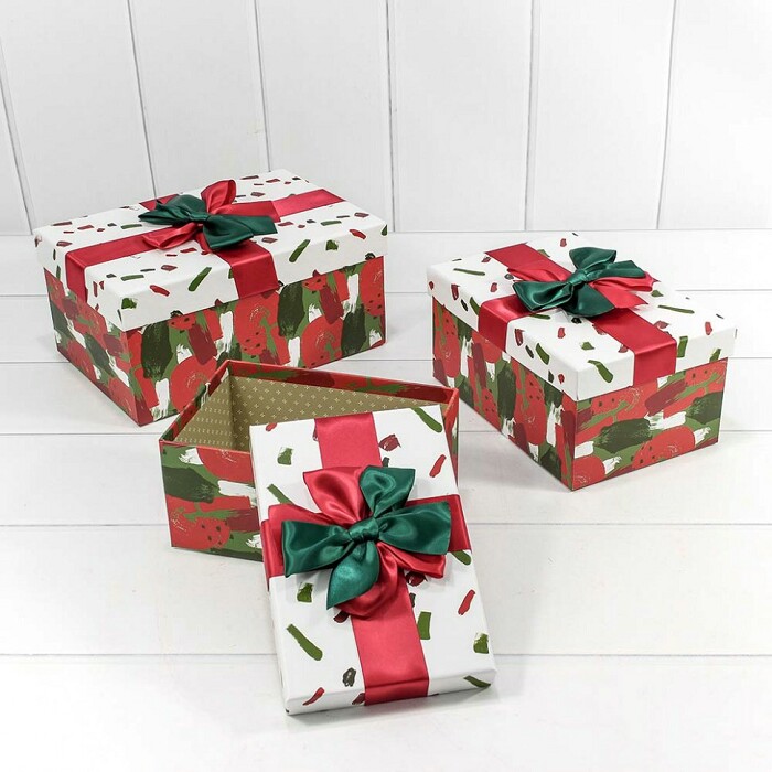 Коробка прямоугольник Двойной бант Красный Зеленый 26х18х12см набор 3 в1