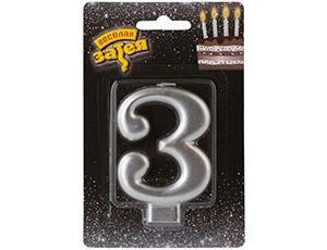 Свеча для торта 8 см, цифра 3 Серебряная