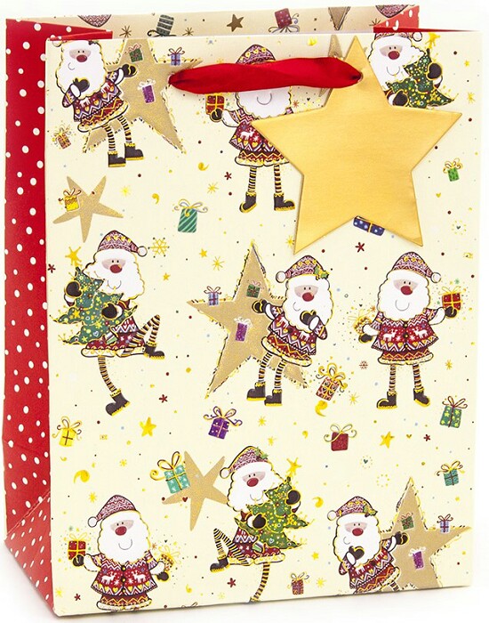 Пакет BC делюкс 23х18х10см Веселые Деды Mорозы Кремовый Mеталлик