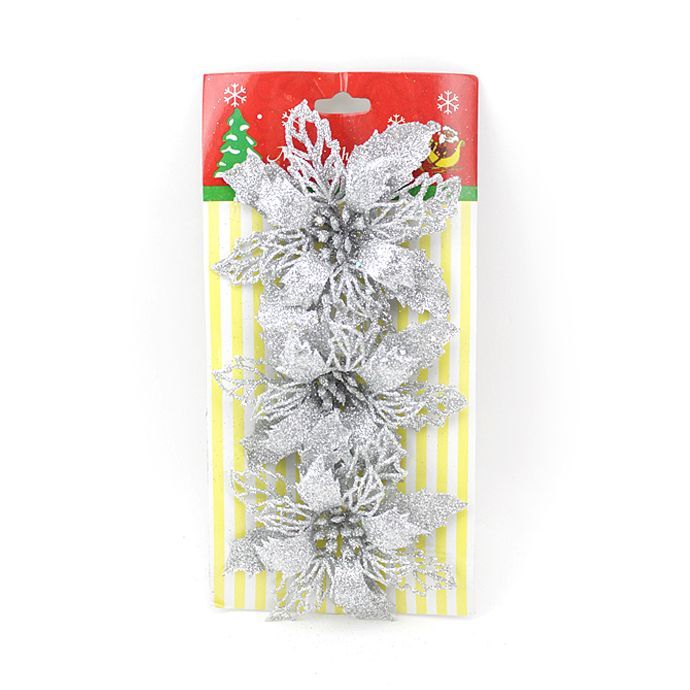 Цветы искусственные Пуансеттия глиттер мини Серебро 11см набор (уп3)