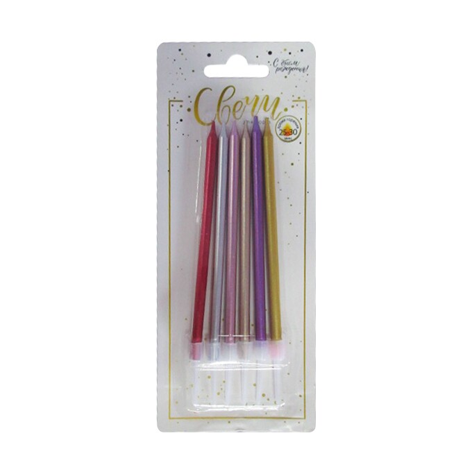 Свечи для торта 10 см, 6 шт., с держателями Макаронс ассорти металлизированные