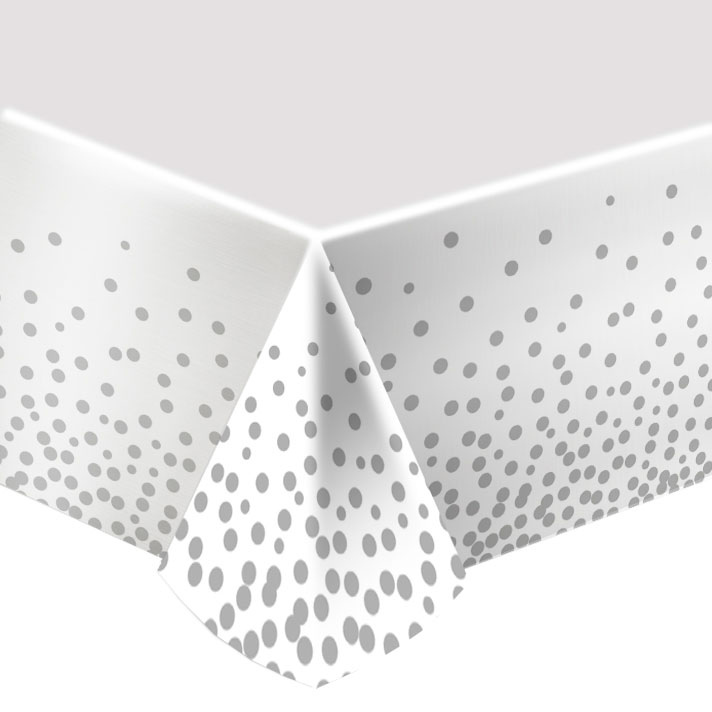 Скатерть ПЭТ однотонная 137х274см лазерная фольгированная Делюкс Конфетти Серебряные