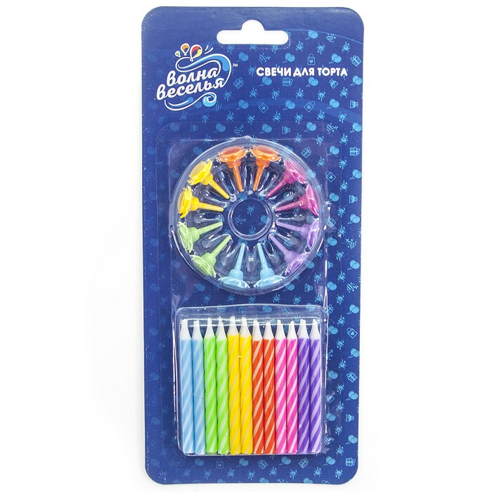 Свеча для торта с держателем витая Яркое ассорти 6см (уп24) 620102