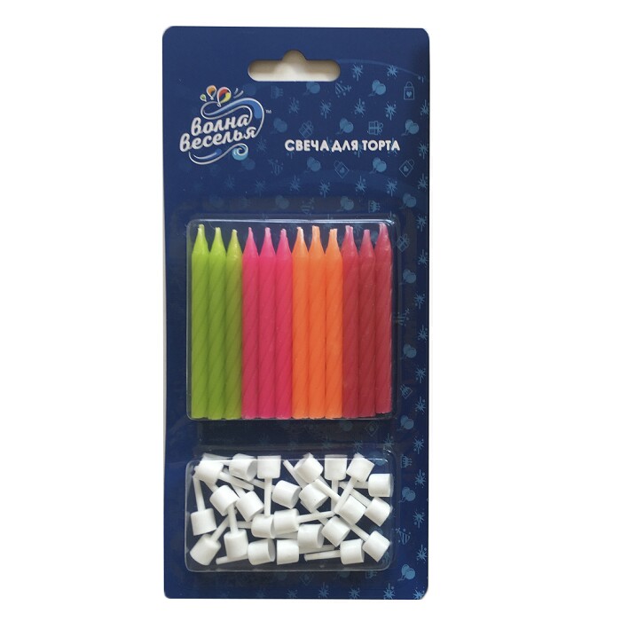Свеча для торта с держателем витая Яркий микс 6см (уп24) ВолВес
