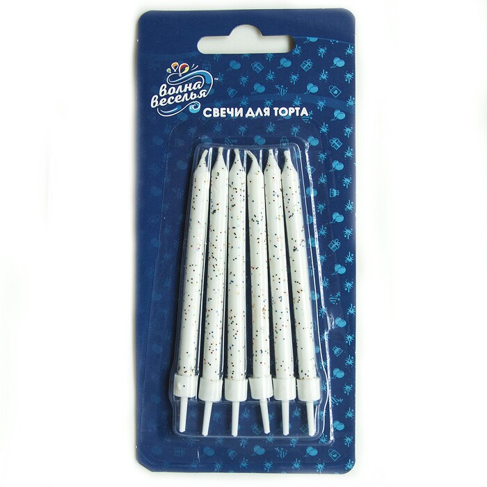 Свеча для торта с держателем глиттер Яркие искры Белый с блестками 8см (уп6) ВВ