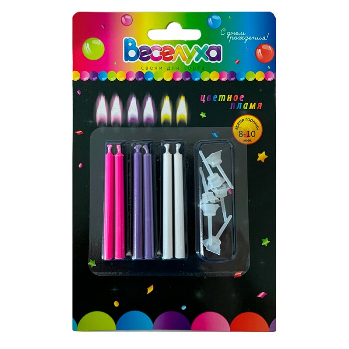 Свеча для торта с держателем Цветное пламя Микс Розовый сиреневый белый 6см (уп6) ВС