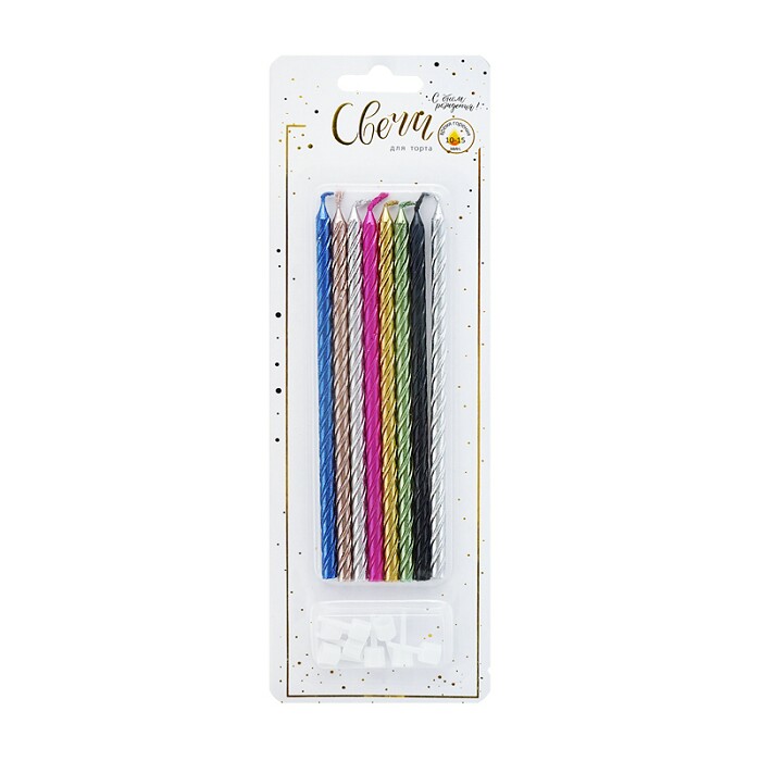 Свеча для торта с держателем XL металлик Витая Ассорти 15см (уп8)