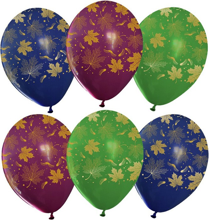 Шар латекс с рисунком 12"/ВВ пастель Золотые листья ассорти 5ст 25шт