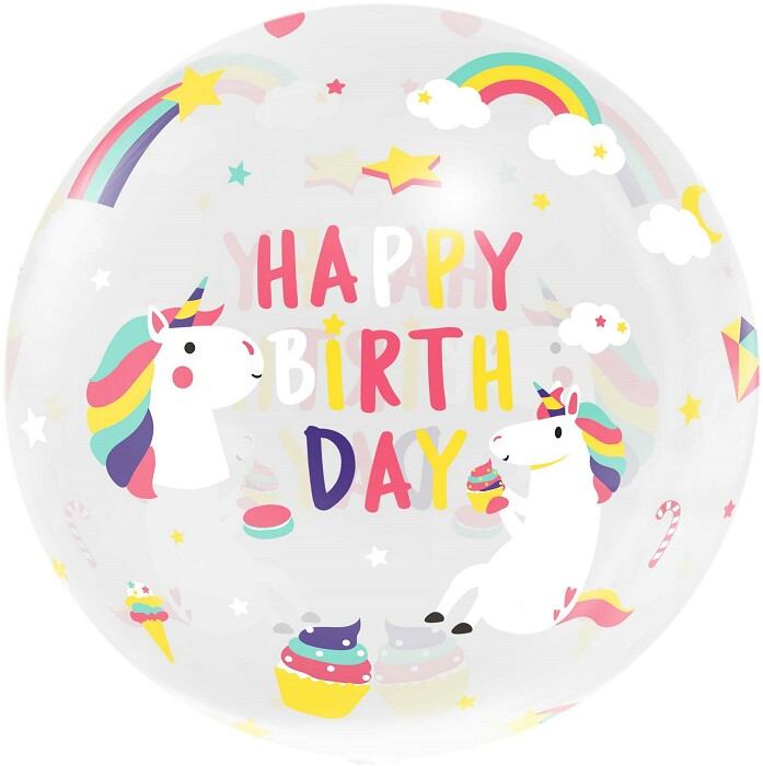 Шар фольга Сфера 3D Deco Bubble 18'' Единороги прозрачный кристалл с клапаном 46см FL