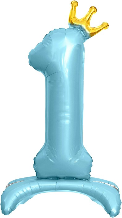 Шар фольга Цифра 32"/FL Золотая корона на подставке Голубая "1"