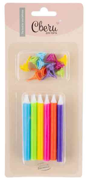 Свечи для торта 8 см, 12 шт., с держателями Яркая радуга ассорти