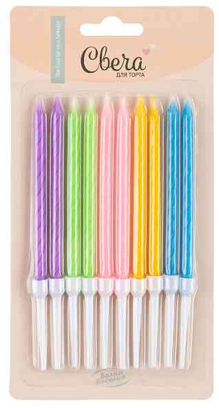 Свечи для торта 10 см, 10 шт., с держателями Яркий микс