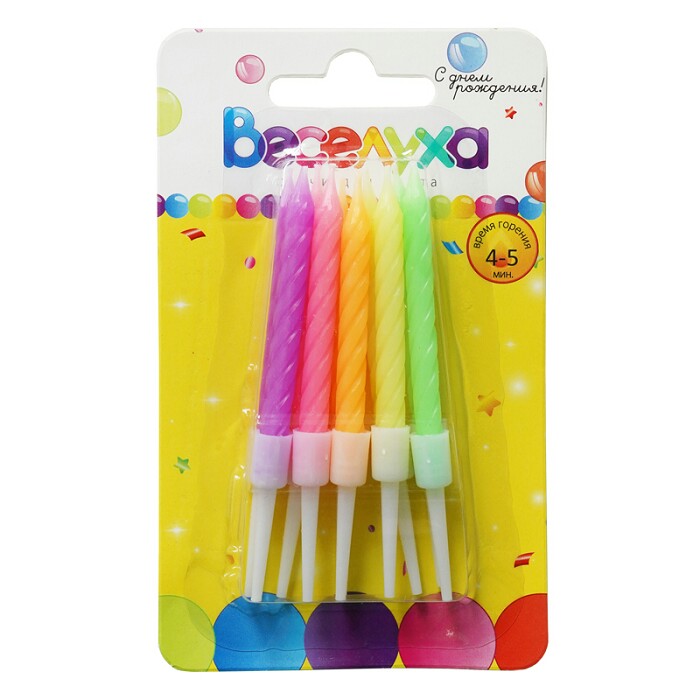 Свеча для торта 6 см, 10 шт., с держателями Ассорти неон