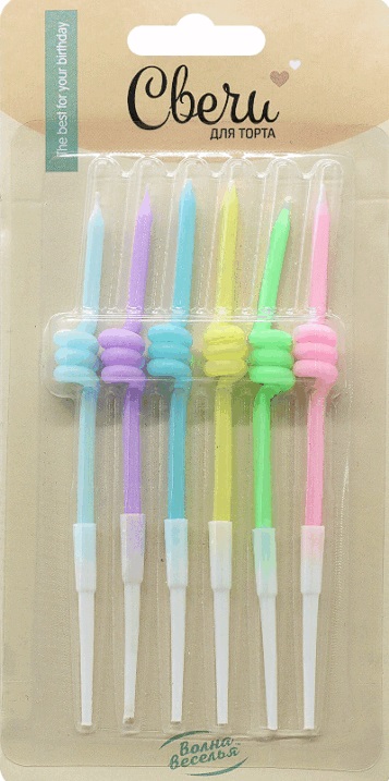 Свечи для торта 8 см, воск, 6 шт. Спирали Ассорти макарунс