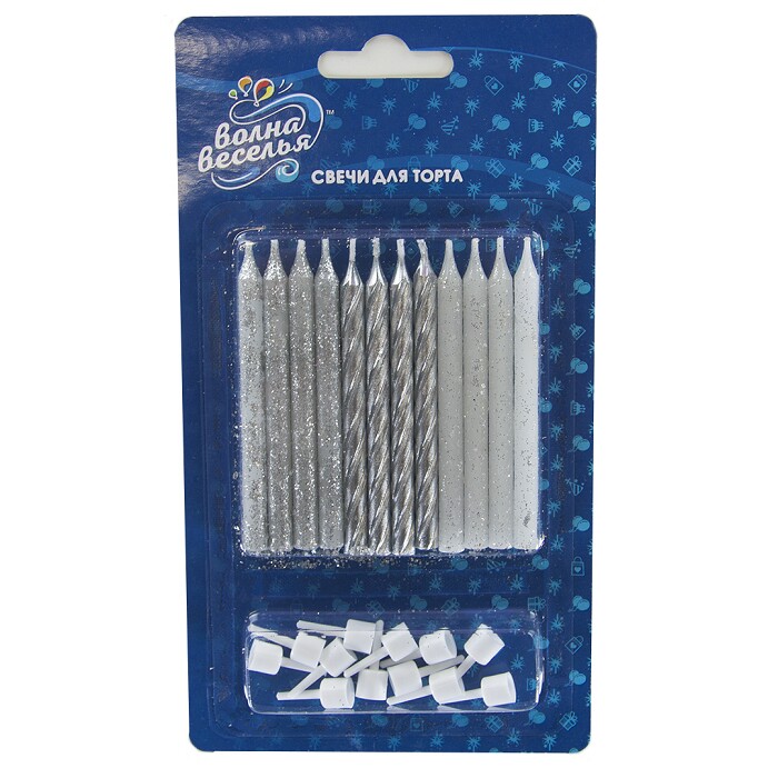 Свечи набор Серебряный микс Металлик с блестками 7см (уп12)