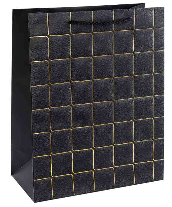 Пакет бумажный L 26х32см Золотые квадраты Дизайн №1 Черный