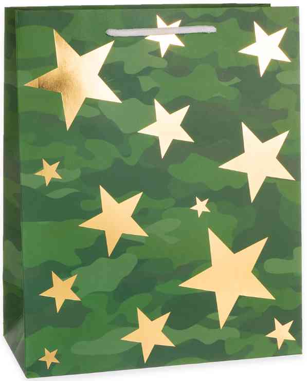 Пакет бумажный L 26х32см Золотые звезды Камуфляж