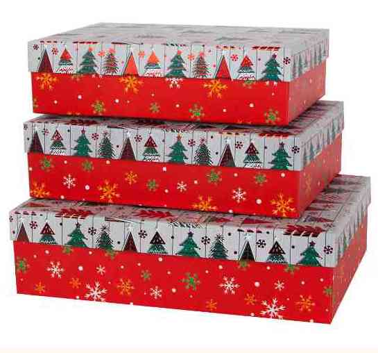 НГ Коробка прямоугольник 33х23х9см Новогодние елочки Мультиколор Металлик