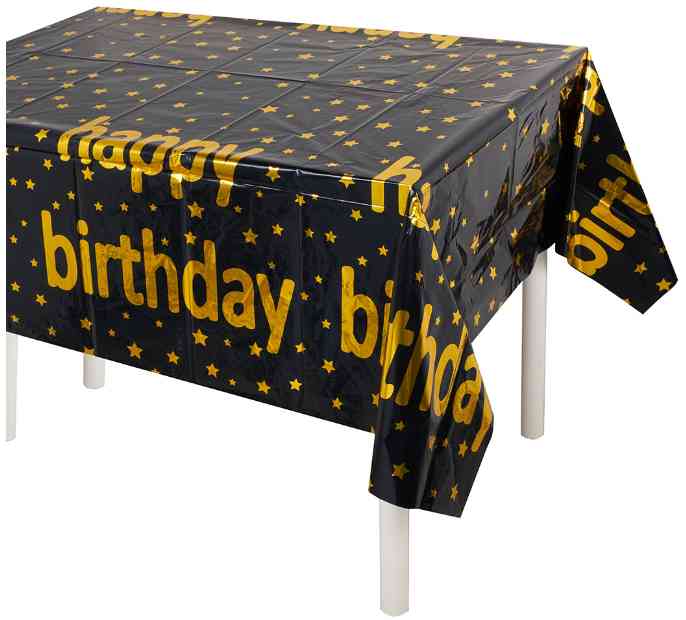 Скатерть ПЭТ 137х183см Happy Birthday (звезды) Черный Металлик ВВ