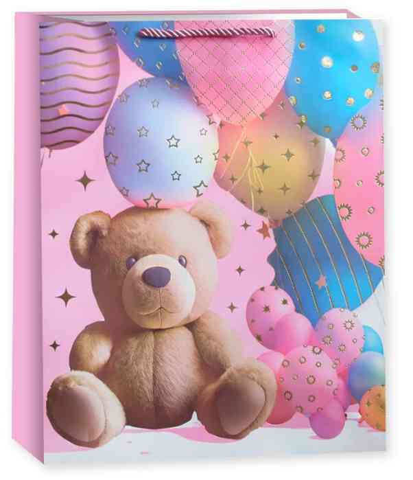 Пакет бумажный XL 31х41см Мишка с шариками Дизайн №1 Металлик