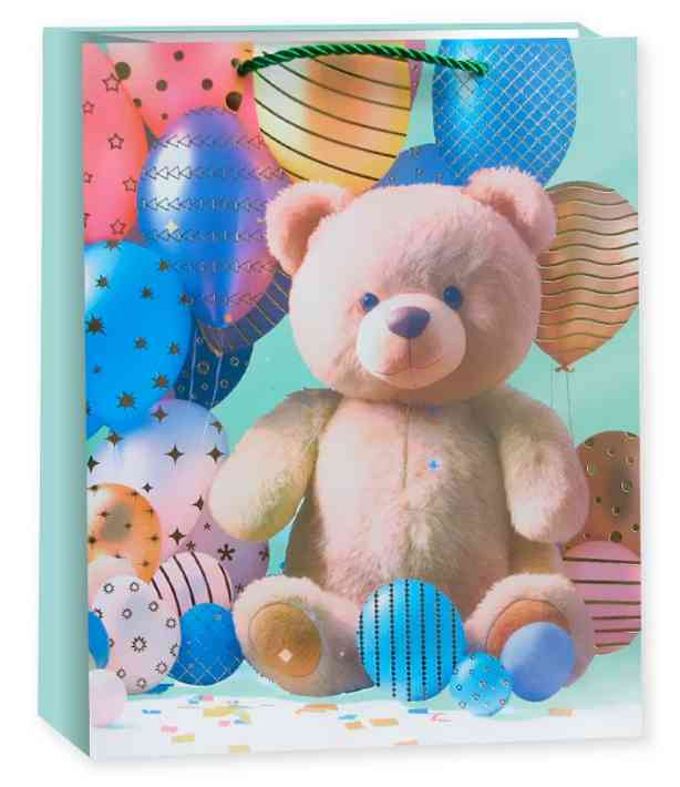 Пакет бумажный L 26х32см Мишка с шариками Дизайн №3 Металлик