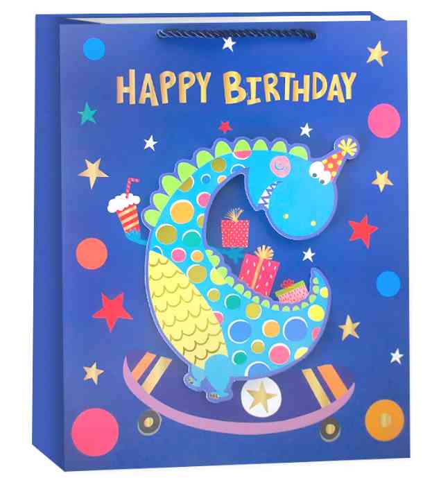 Пакет бумажный L 26х32см Happy Birthday Детский праздник Дизайн №3 Синий Металлик
