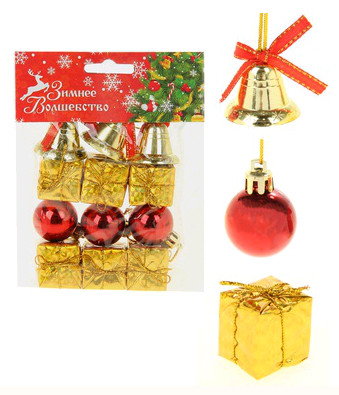 Игрушки на елку ассорти 6 подарков 3 шарика 3 колокол (уп12)