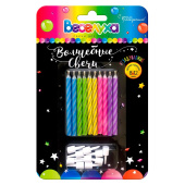 Свеча для торта с держателем незадуваемые витая Волшебные Разноцветный неон ассорти 6см (уп10)