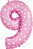 Шар фольга Цифра 40'' FL Розовый "9" Сердечки NMP9 PINK (упак)