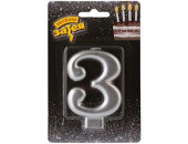 Свеча для торта 8 см, цифра 3 Серебряная