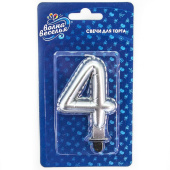 Свеча для торта 8 см, цифра 4 Воздушный шарик, серебро металлик