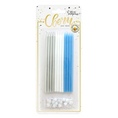 Свеча для торта с держателем XL металлик Голубой белый серебряный микс 15см (уп12)