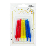 Свеча для торта с держателем глиттер Желтые фуксия синие уп6