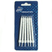 Свеча для торта с держателем глиттер Яркие искры Белый с блестками 8см (уп6) ВВ