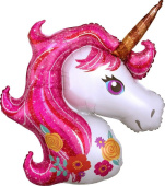 Шар фольга мини голова Единорог Цветочный Розовый