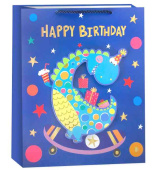Пакет бумажный L 26х32см Happy Birthday Детский праздник Дизайн №3 Синий Металлик