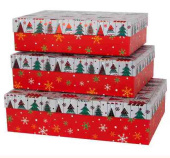 НГ Коробка прямоугольник 33х23х9см Новогодние елочки Мультиколор Металлик